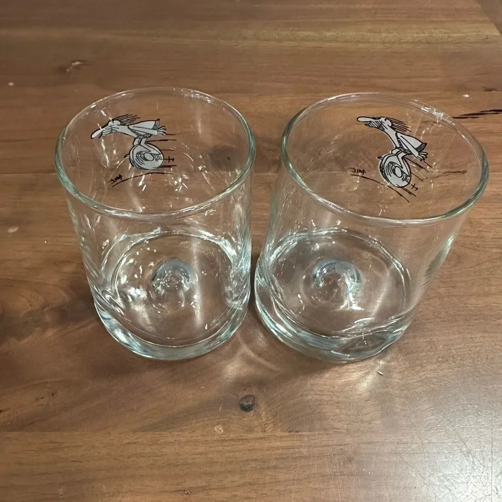 Vintage Johnny Hart BC Comics Caveman on A Roll Rocks Glasses Barware.